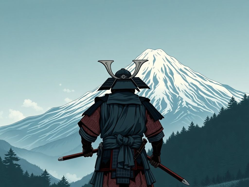 Japanese samurai standing before mountain manga cover