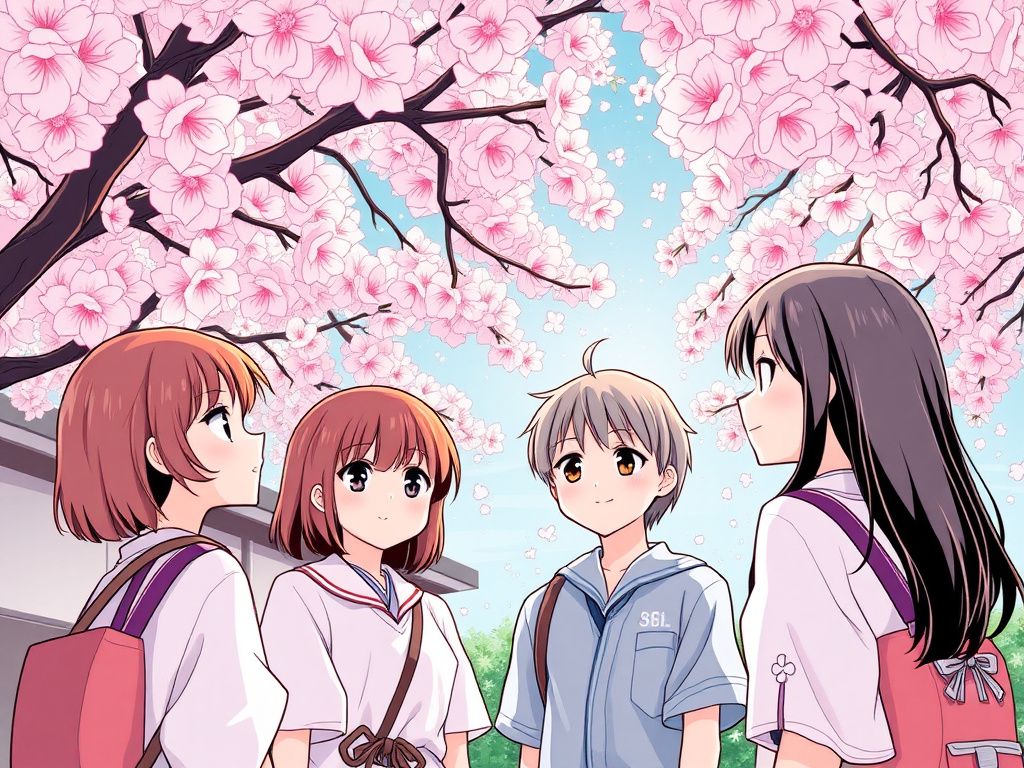 Japanese school friends beneath cherry blossoms manga cover