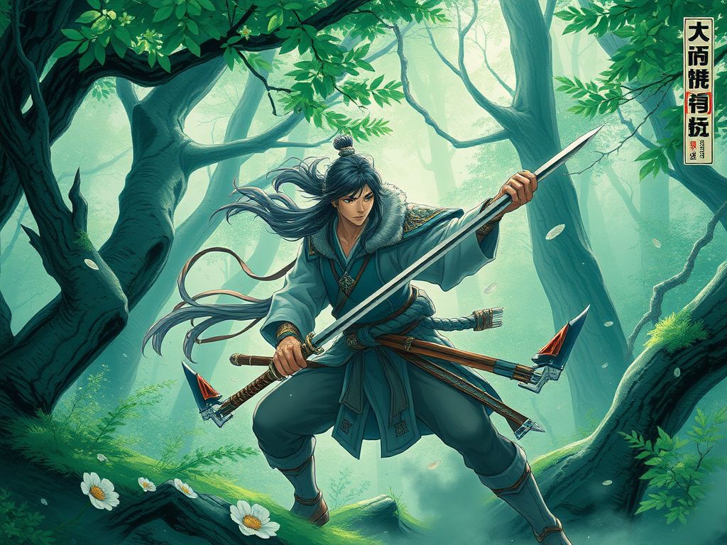 Korean fantasy warrior in green forest manga cover