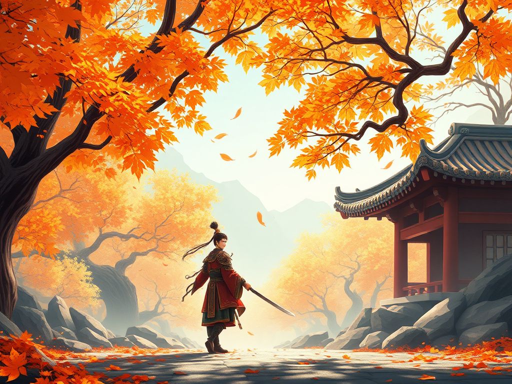 Chinese animation warrior standing under autumn leaves