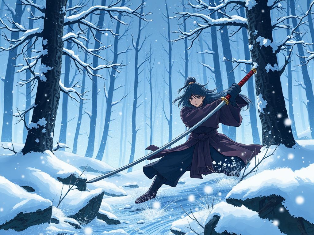 Japanese animation swordsman in a snowy forest