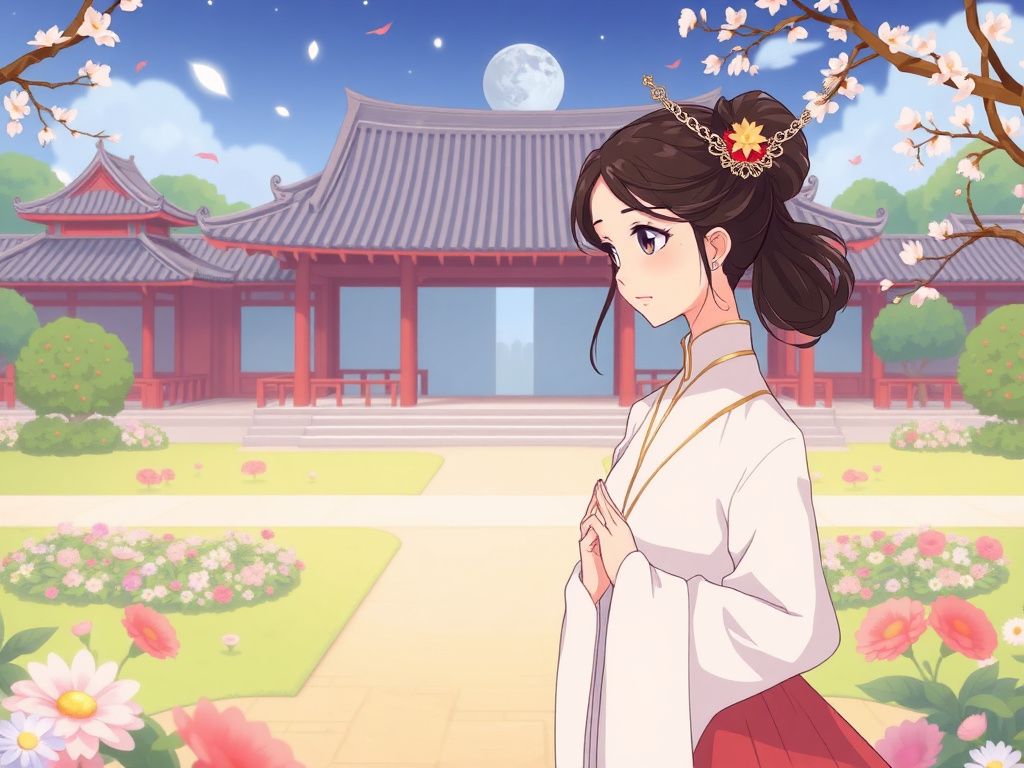 Korean webtoon heroine in a royal garden