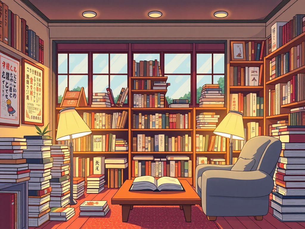 Warm illustrated manga reading room with stacked books
