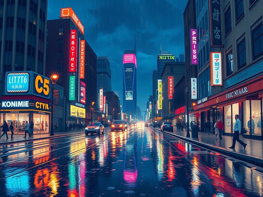 Anime city lights reflected on a rainy street