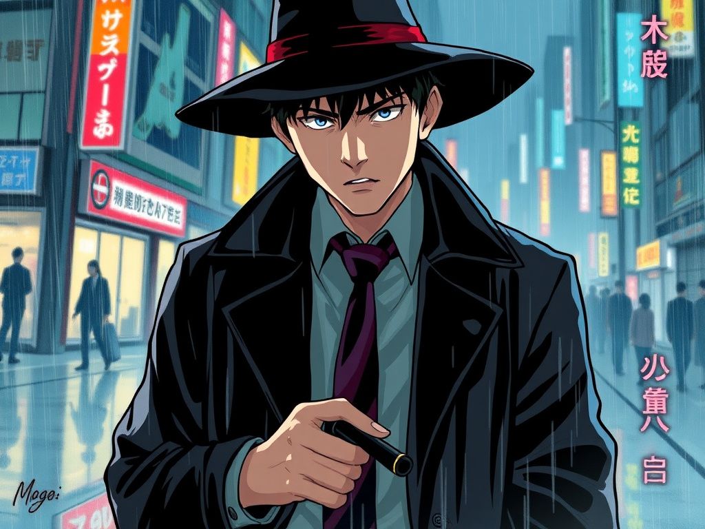 Japanese detective in rain soaked city manga cover