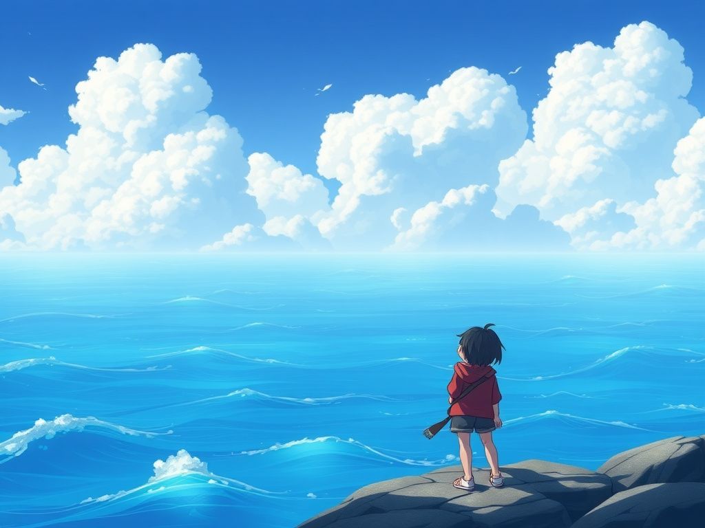 Chinese animation fantasy boy looking across a blue ocean