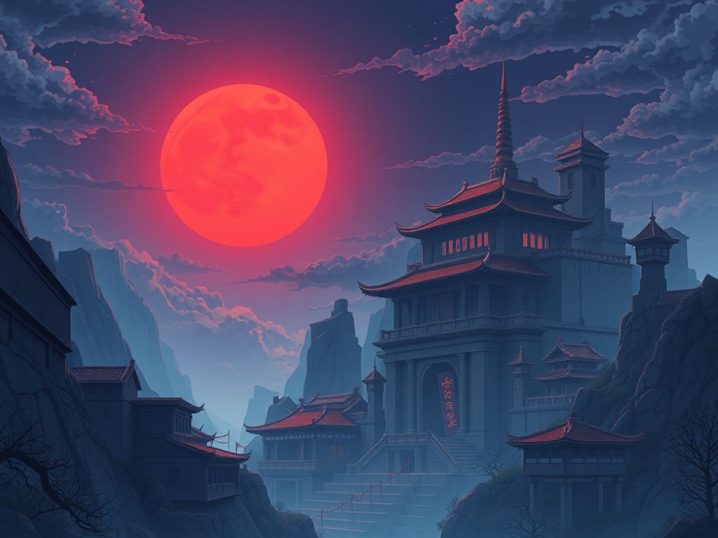 Anime inspired ancient city under a red moon