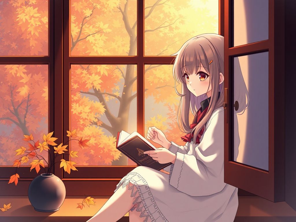 Anime girl reading by a window during autumn