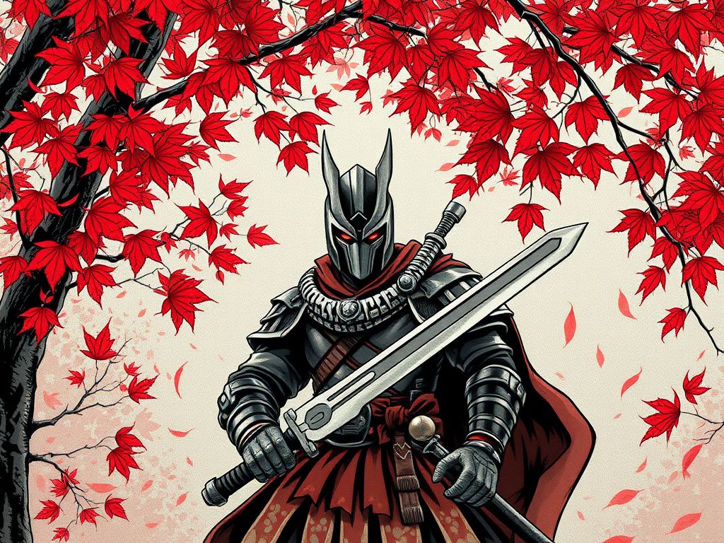 Manga warrior beneath red autumn leaves cover