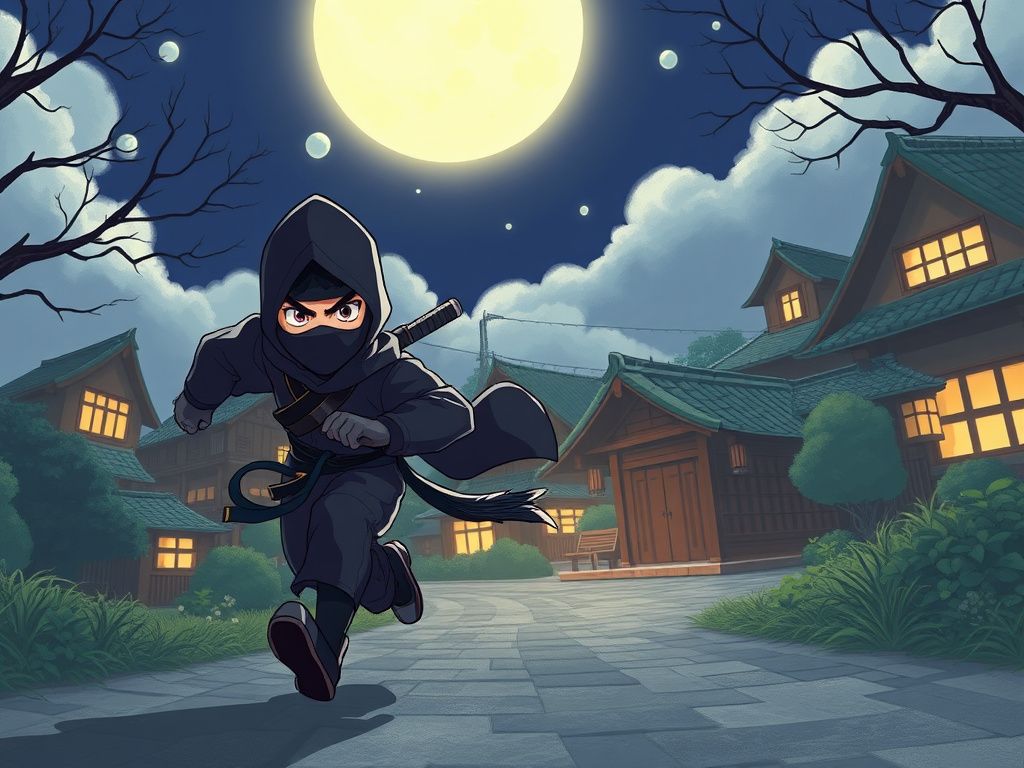 Japanese animation ninja running through a moonlit village