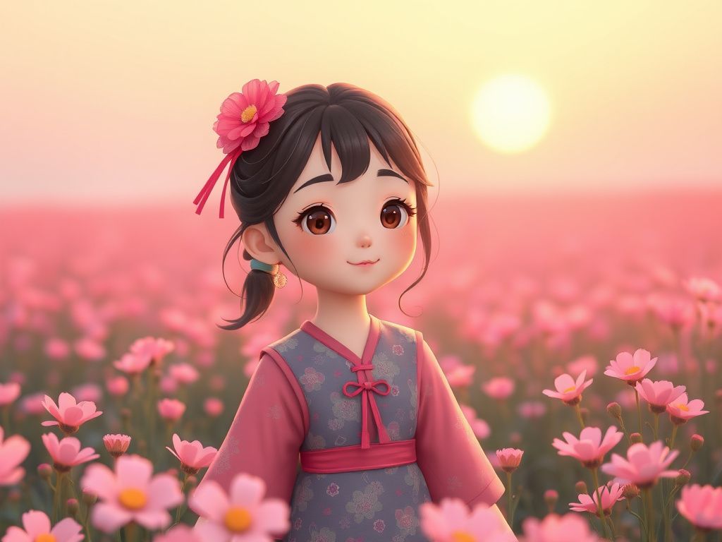 Chinese animation girl in a pink flower field